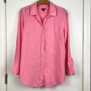 Talbots Petite MP 100% Linen Pink Long‎ Sleeve Button Down Boyfriend Shirt Tunic